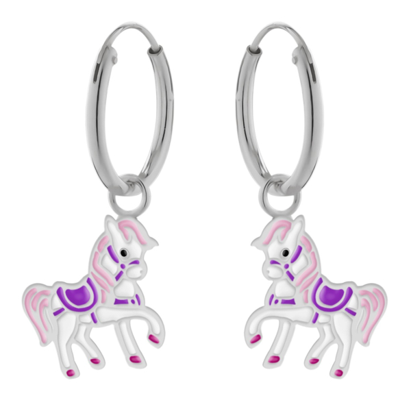 Oorhangers zilver paard met roze manen en paars zadel