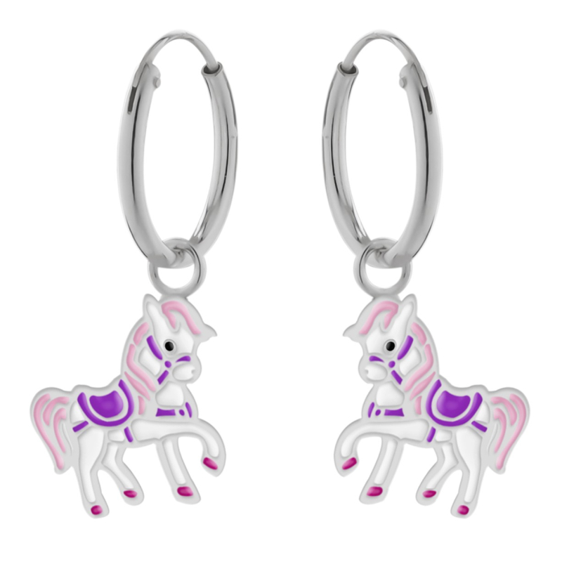 Oorhangers zilver paard met roze manen en paars zadel