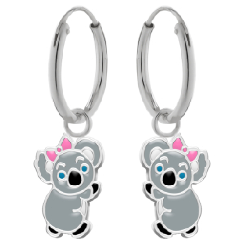 Oorhangers zilver koala beer met roze strik