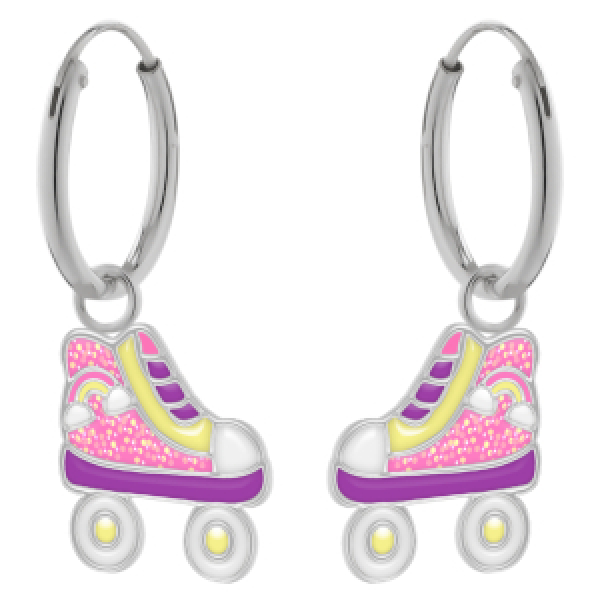 Oorhangers zilver rolschaats in pastelkleuren met glitter en regenboog