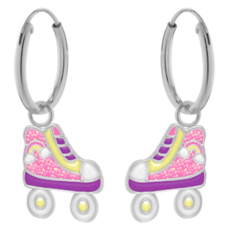 Oorhangers zilver rolschaats in pastelkleuren met glitter en regenboog