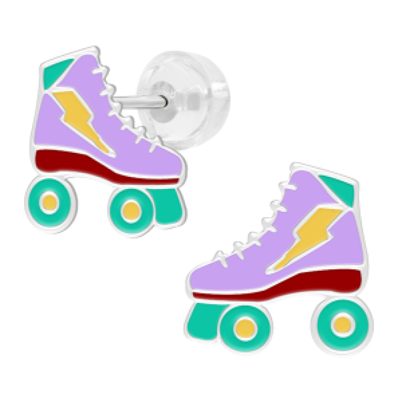 Oorknopjes zilver paarse rolschaats met bliksemschicht