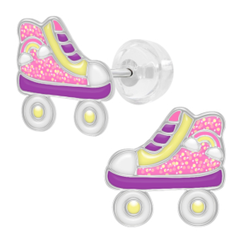 Oorknopjes zilver rolschaats in pastelkleuren met glitter en regenboog