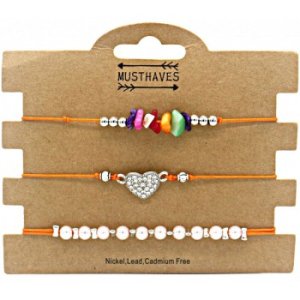 Armband set van 3 op 1 kaart met hart in de kleuren zwart of oranje